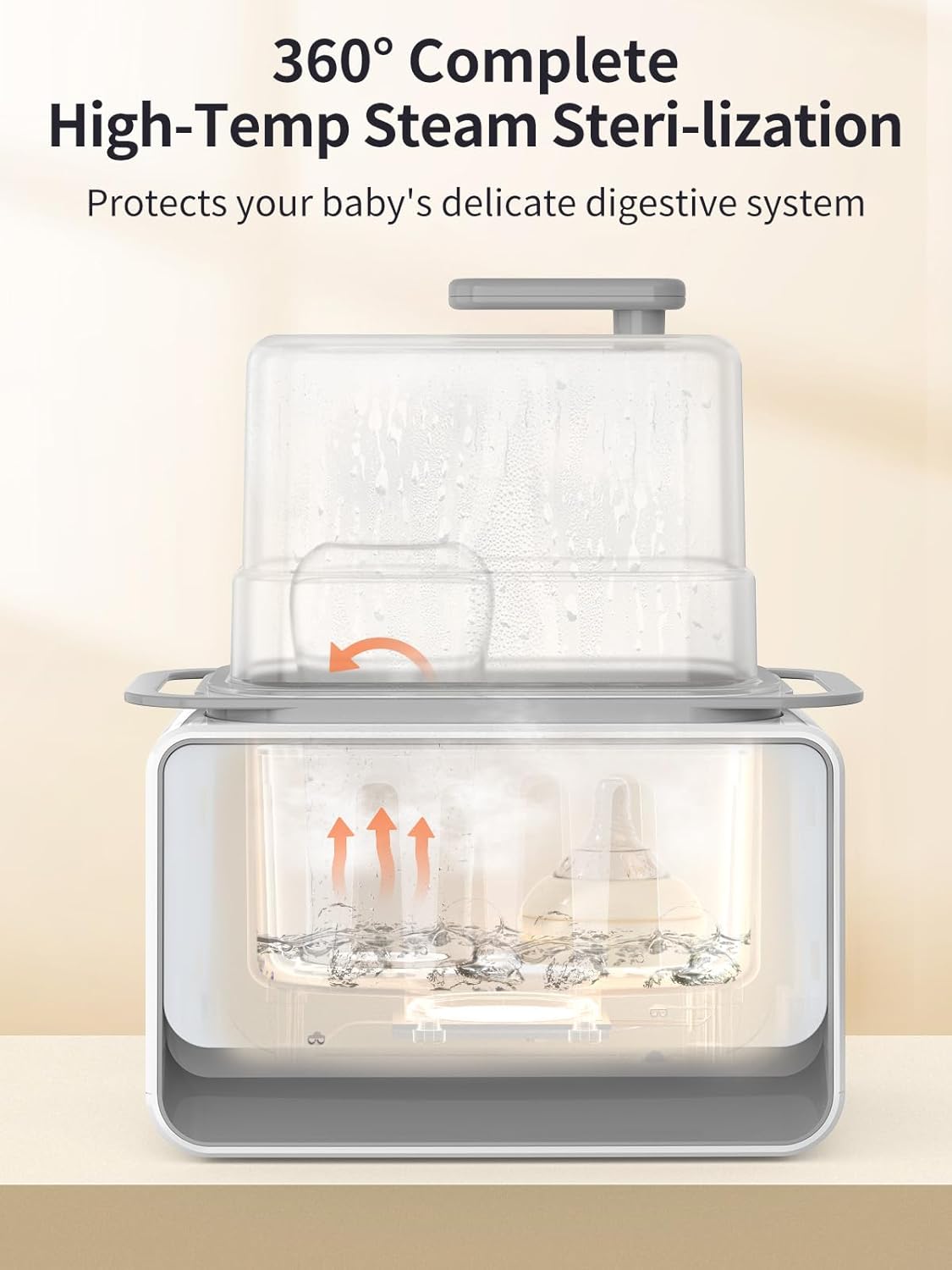 12-in-1 Baby Bottle Warmer sterilizing two bottles with 360 high-temp steam for baby's health.