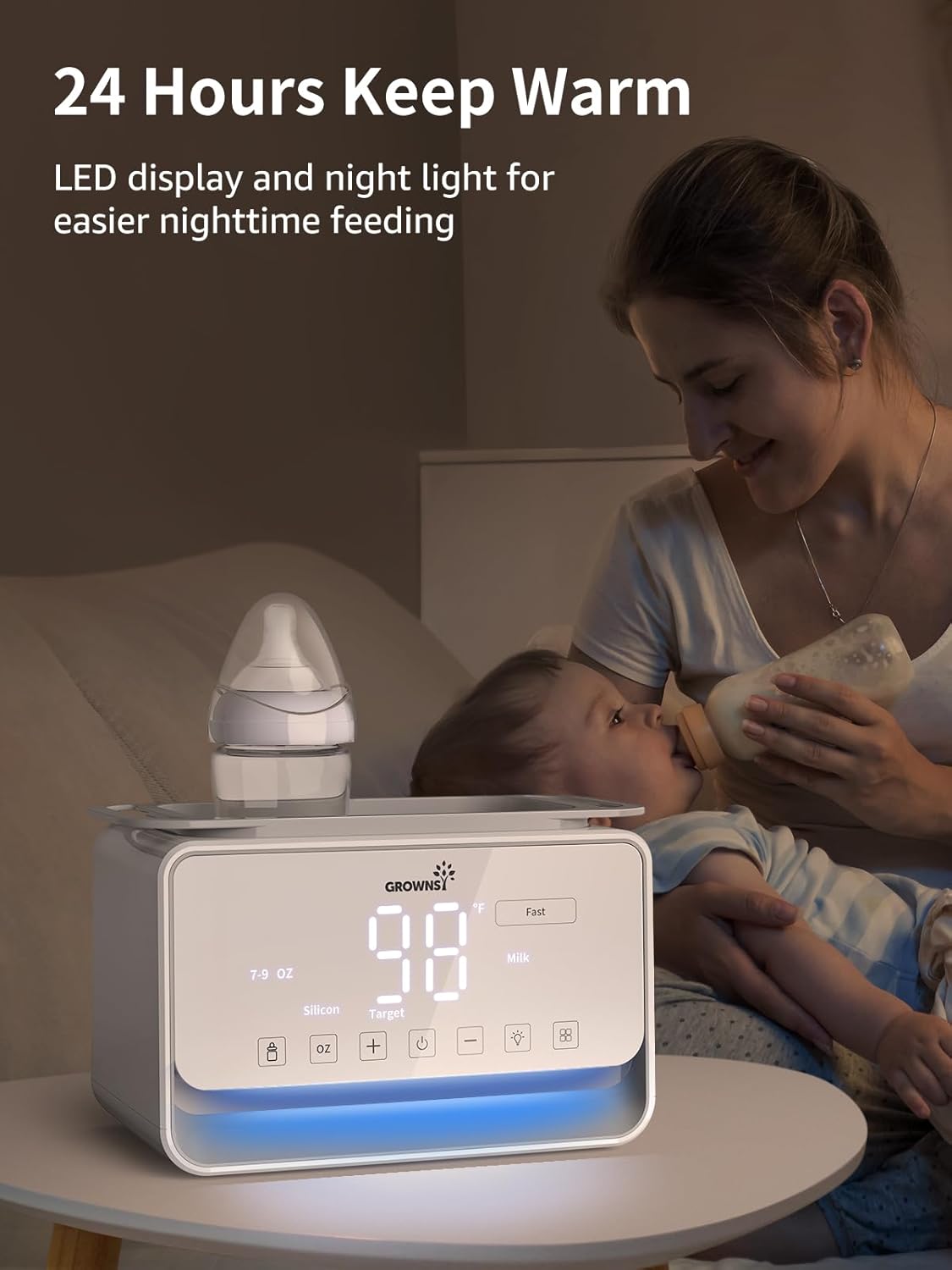 Baby bottle warmer with digital display set to fast mode, ideal for nighttime feeding with 24-hour keep warm and night light.