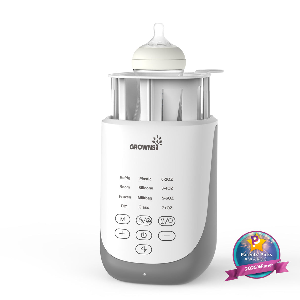 Grownsy 10-in-1 fast baby bottle warmer, white & gray, with auto-lift and digital control panel.