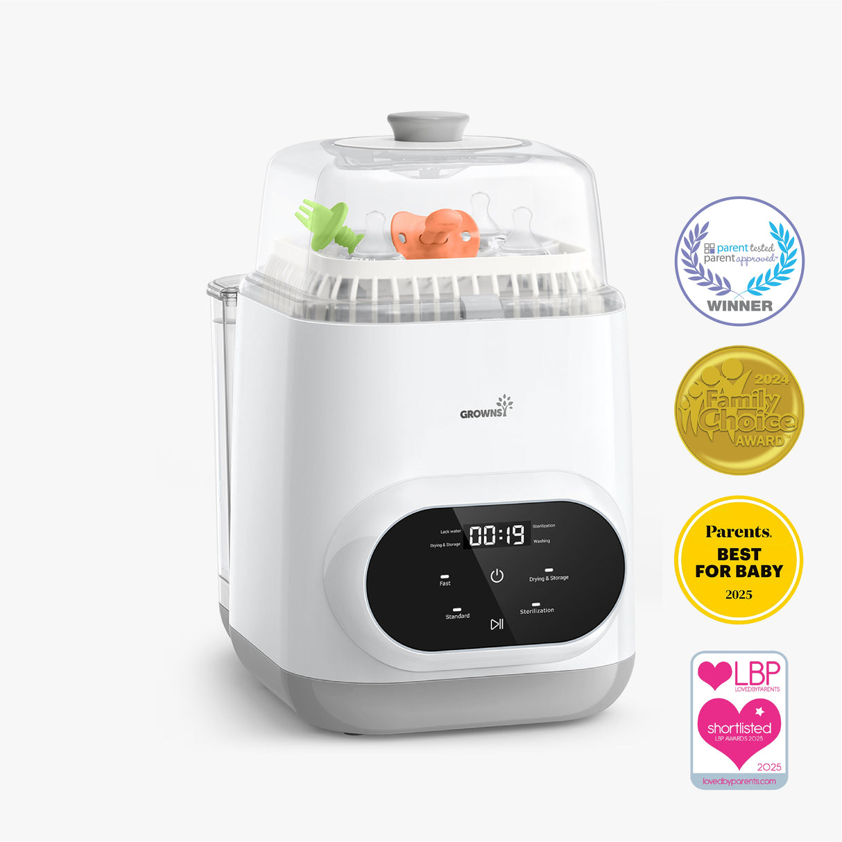 White baby bottle sterilizer with digital display and awards. Clear lid shows baby items. 2020 Family Choice Award winner.