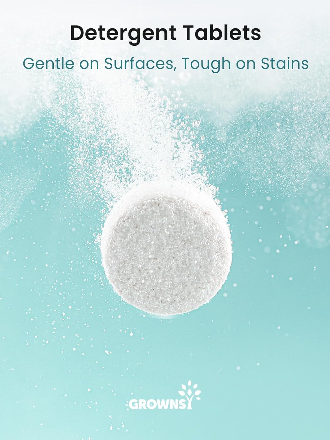 GROWNSY detergent tablet dissolving in water, creating foam. Gentle and tough on stains for bottle washers.