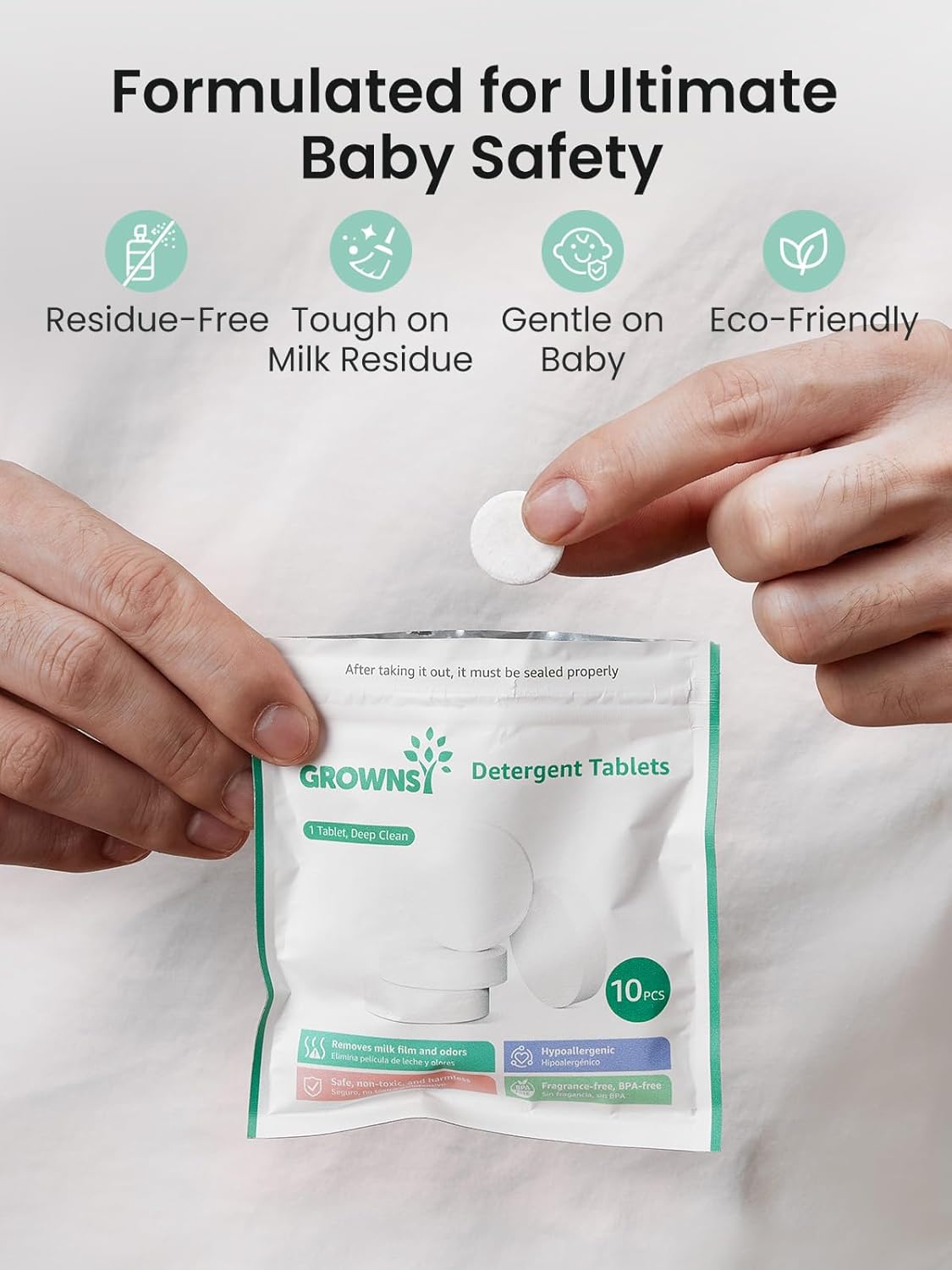 GROWNSY bottle washer detergent tablets pouch: baby safe, residue-free, tough on milk, gentle, eco-friendly.