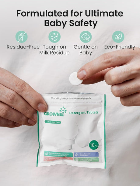 GROWNSY bottle washer detergent tablets pouch: baby safe, residue-free, tough on milk, gentle, eco-friendly.