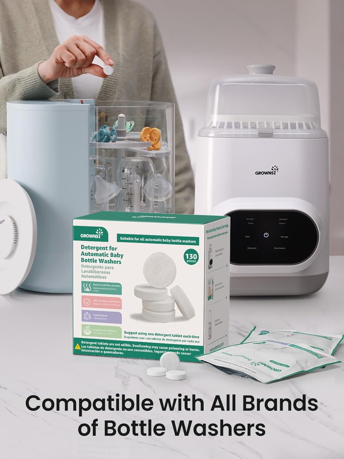 GROWNSY 130 baby bottle washer detergent tablets, compatible with all brands, with rack and washers.