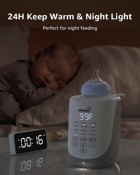 Grownsy 10-in-1 baby bottle warmer, white & gray, with 24H keep warm & night light feature, ideal for night feedings.