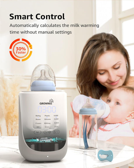 Grownsy 10-in-1 Baby Bottle Warmer: Smart Control, 30% faster heating, timer at 03:00. Mother feeds baby.