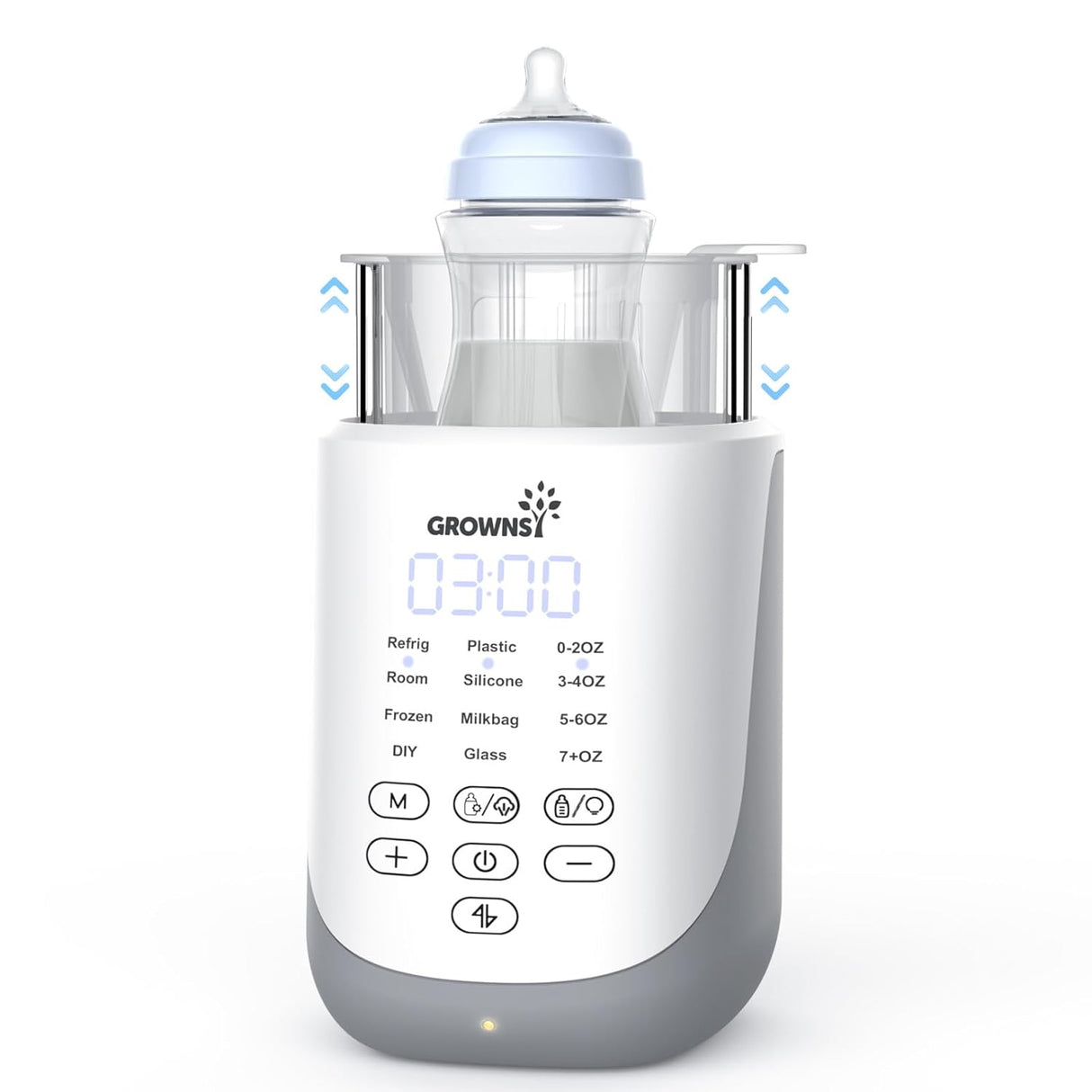 Grownsy 10-in-1 baby bottle warmer, white & gray, digital display at 03:00, control panel with auto-lift and heating modes.