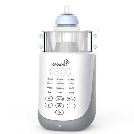 Grownsy 10-in-1 baby bottle warmer, white & gray, digital display at 03:00, control panel with auto-lift and heating modes.