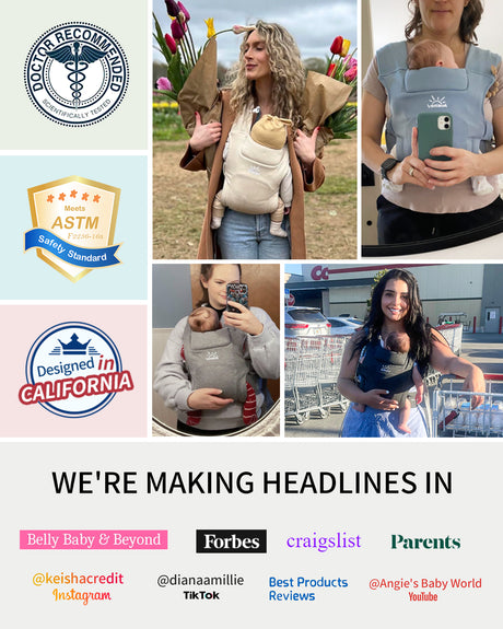 Parents with babies in ergonomic carriers, Doctor Recommended, ASTM Safety Standard, Designed in California, media mentions.