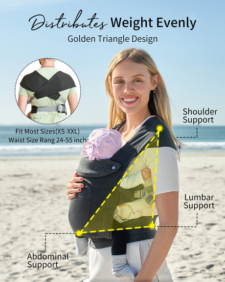 Dark grey ergonomic baby carrier with "Golden Triangle Design" for even weight distribution. Fits sizes XS-XXL.