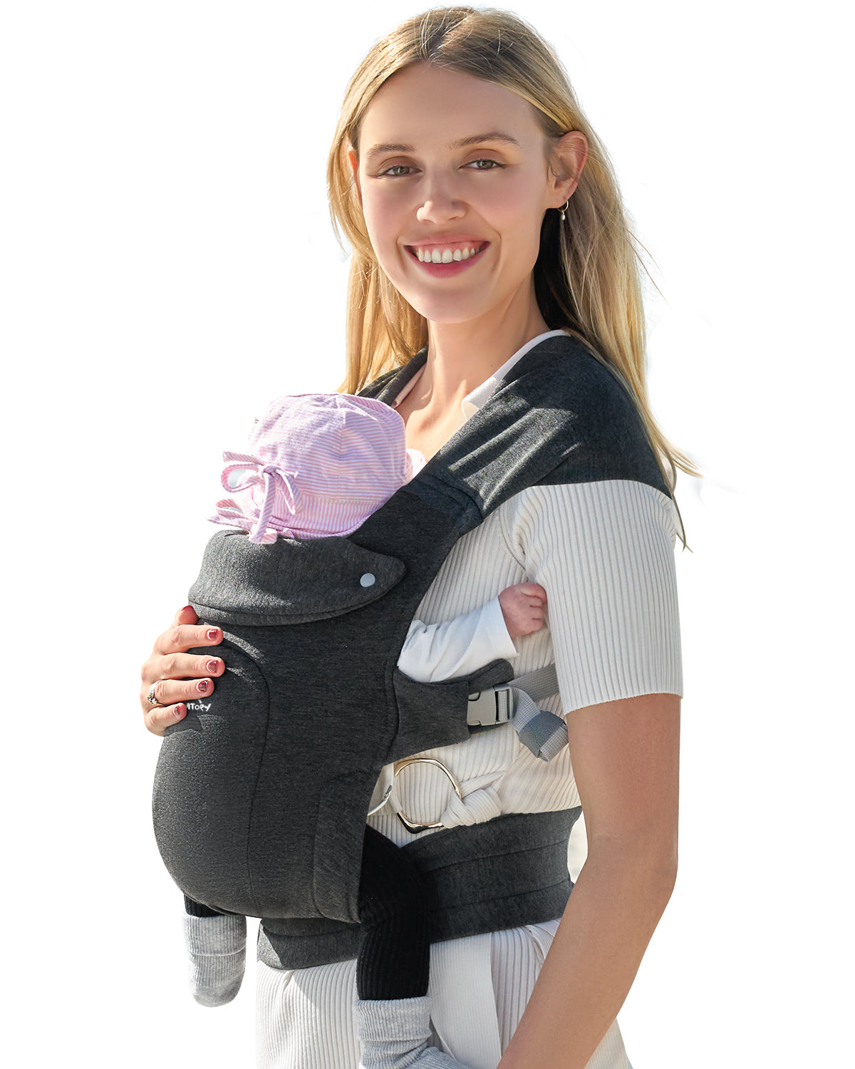 Charcoal grey ergonomic baby carrier with head support on smiling mom holding newborn baby.
