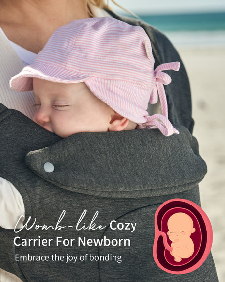 Dark grey ergonomic baby carrier, womb-like cozy fit for sleeping newborn with pink bonnet. Newborn carrier page.