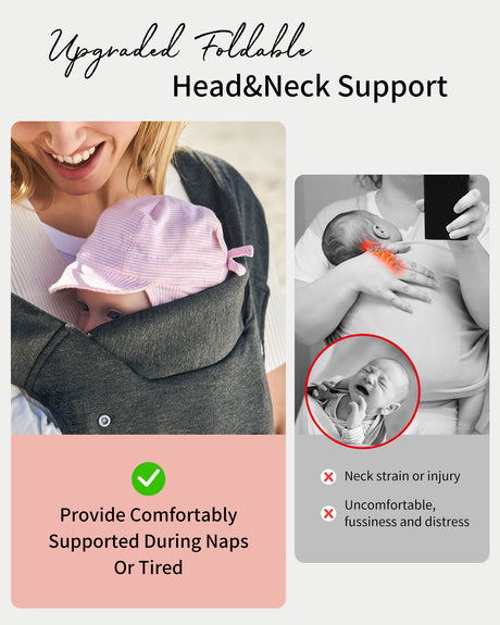 Woman holding baby in ergonomic charcoal grey baby carrier, highlighting foldable head and neck support for comfort.