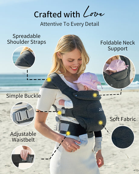 Grownsy ergonomic baby carrier in charcoal grey, worn by woman. Features adjustable waistbelt, head support, and soft fabric.