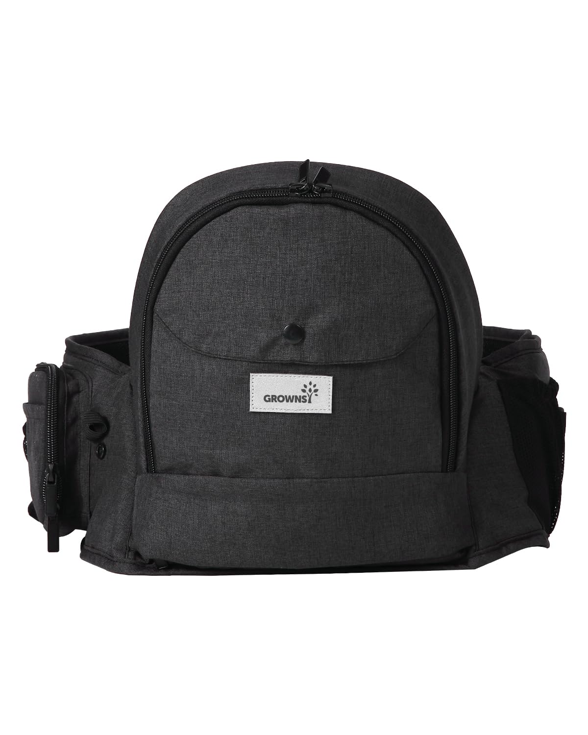 GROWNSY ergonomic hip seat baby carrier in dark gray with multiple pockets and adjustable waistband on white background.