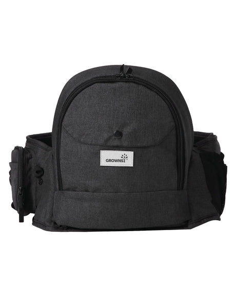 GROWNSY ergonomic hip seat baby carrier in dark gray with multiple pockets and adjustable waistband on white background.