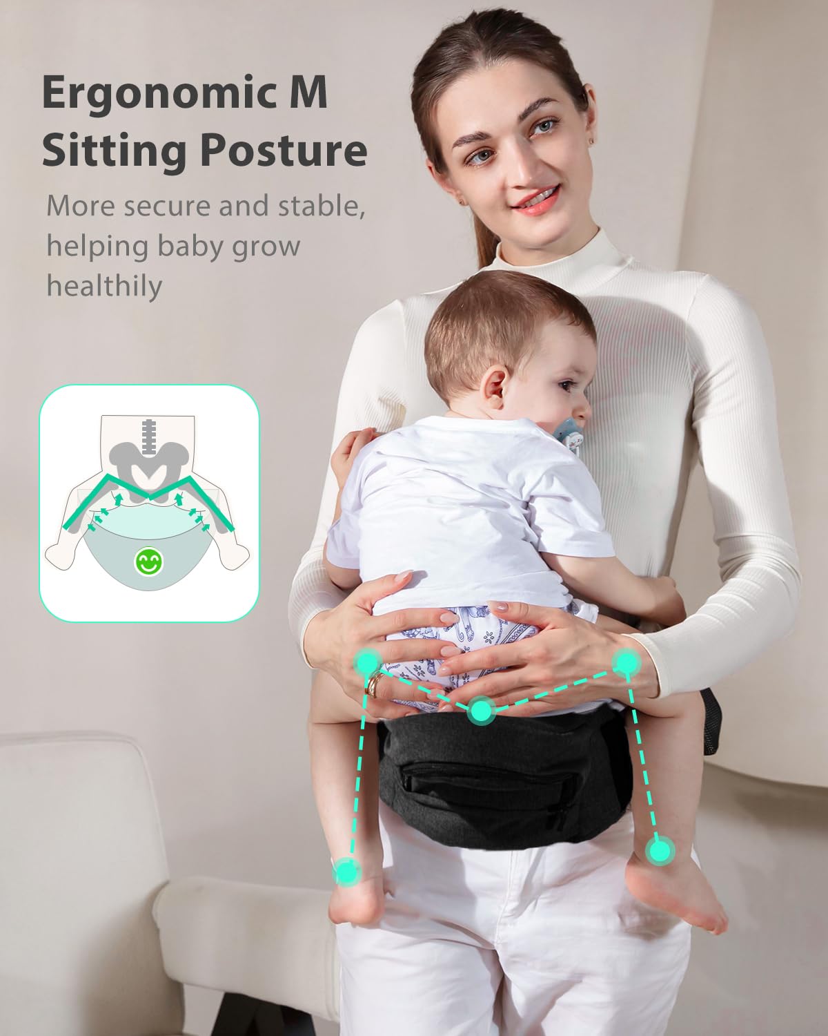 GROWNSY dark gray ergonomic baby hip seat carrier with M sitting posture illustration.