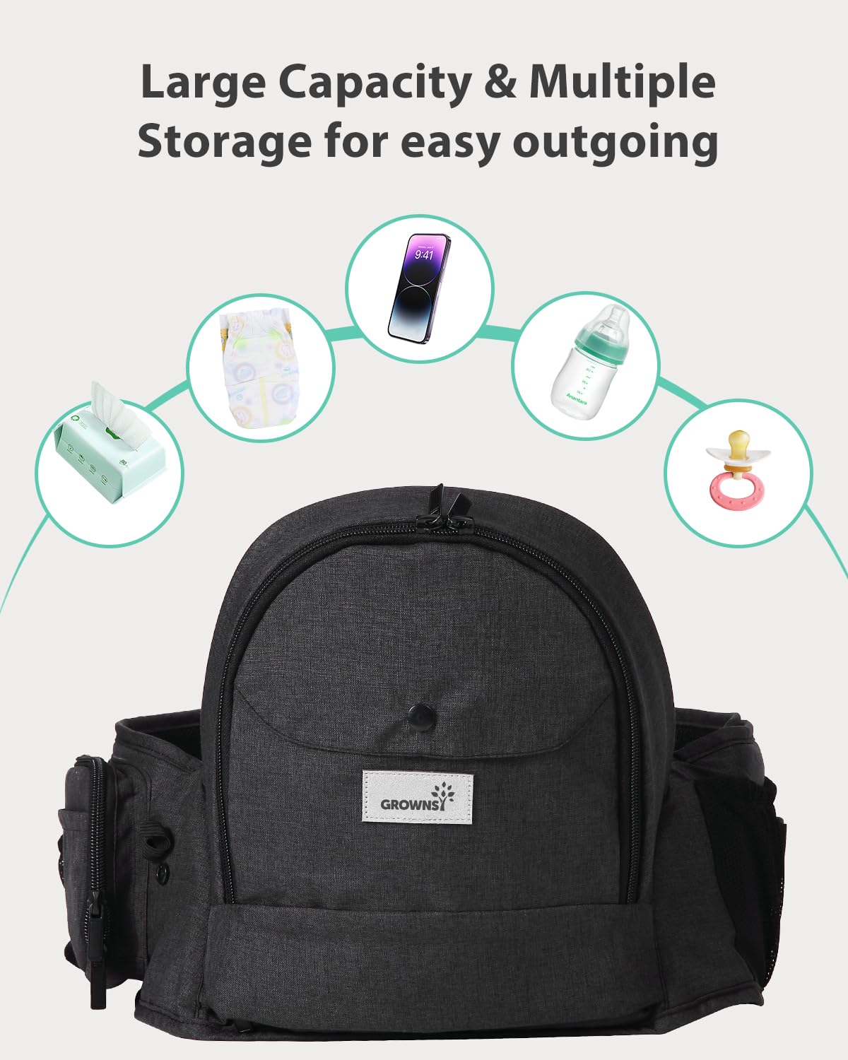 Dark gray GROWNSY ergonomic baby hip seat carrier showing storage for wipes, phone, bottle, and pacifier for easy outings.