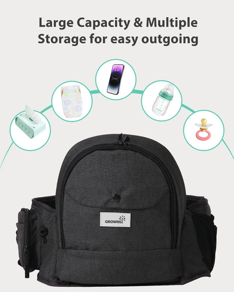 Dark gray GROWNSY ergonomic baby hip seat carrier showing storage for wipes, phone, bottle, and pacifier for easy outings.