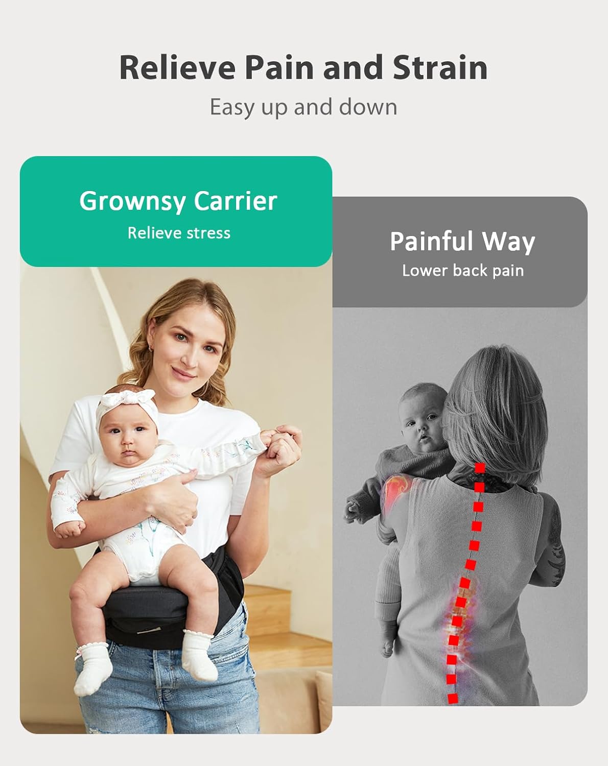 Woman carrying baby in GROWNSY black ergonomic hip seat carrier, showing pain relief benefits.