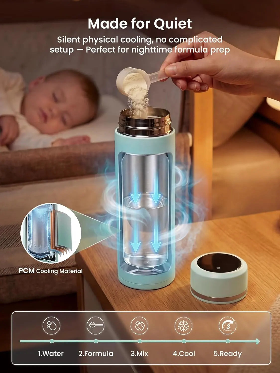 Grownsy Portable Baby Formula Bottle Maker, Rapid Cooling in 3 Min, Pure Physical Cooling, No Power Needed, Smart Color Temp Display, Travel & Night Feeding Essential, Includes Formula Dispenser,Green