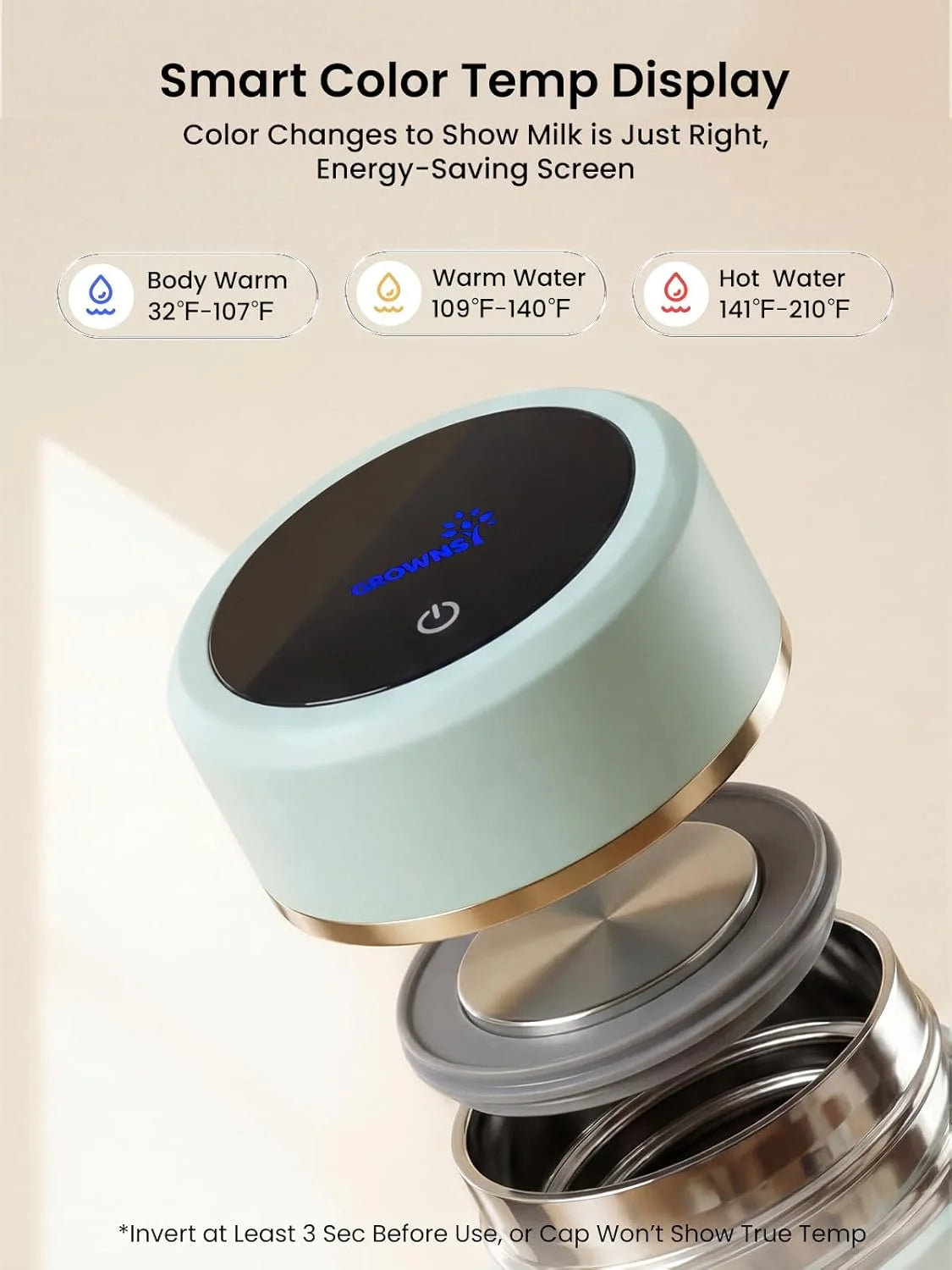 Grownsy Portable Baby Formula Bottle Maker, Rapid Cooling in 3 Min, Pure Physical Cooling, No Power Needed, Smart Color Temp Display, Travel & Night Feeding Essential, Includes Formula Dispenser,Green
