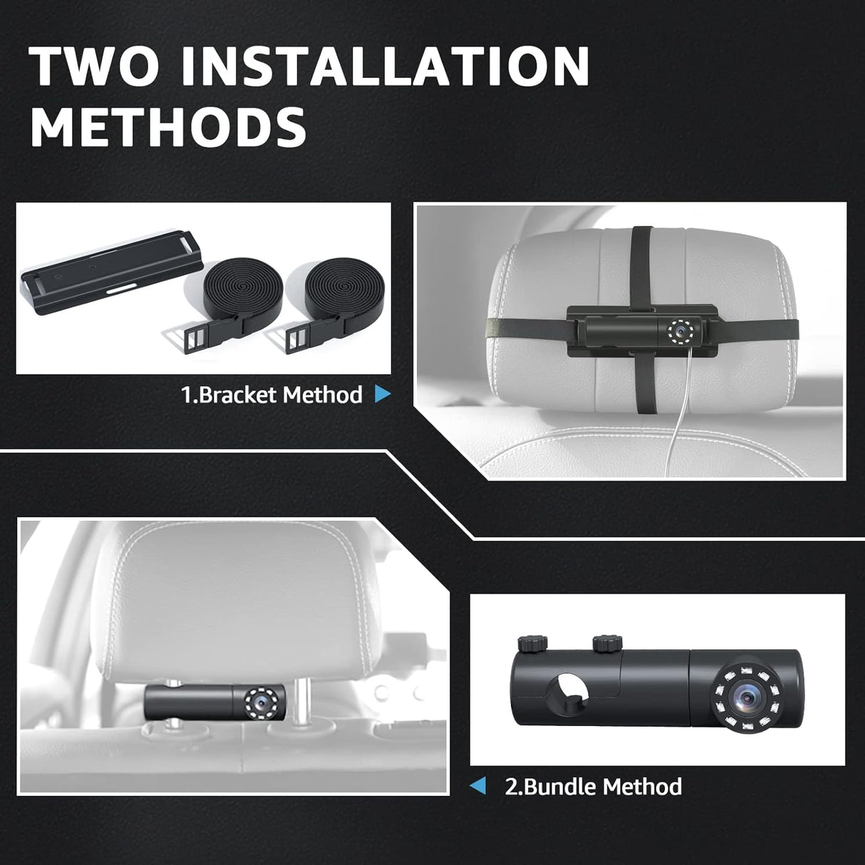 GROWNSY baby car camera installation: bracket method on car seat headrest and bundle method on headrest post.