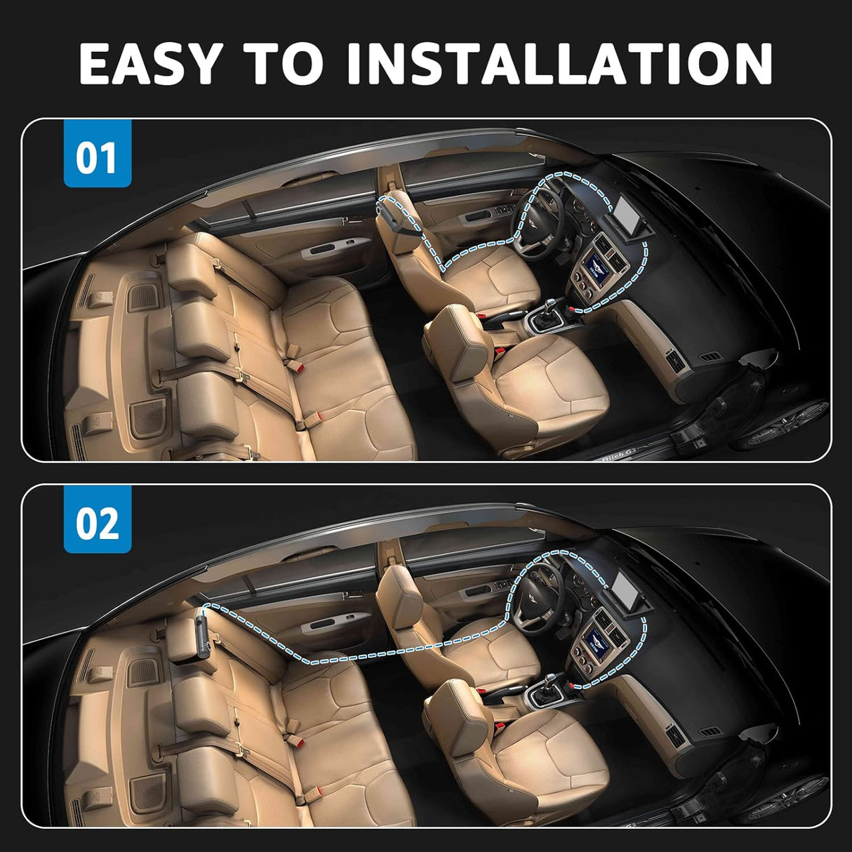 GROWNSY baby car camera installation guide: diagram showing wire routing from headrest to dashboard and power connection.