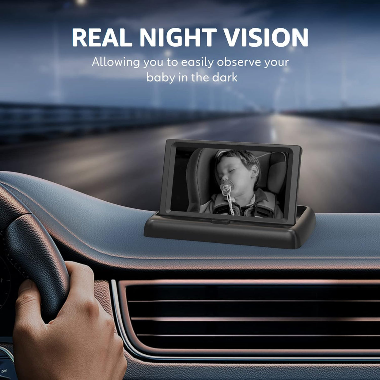 GROWNSY baby car camera night vision: clear view of sleeping child in car seat. Real-time monitoring.