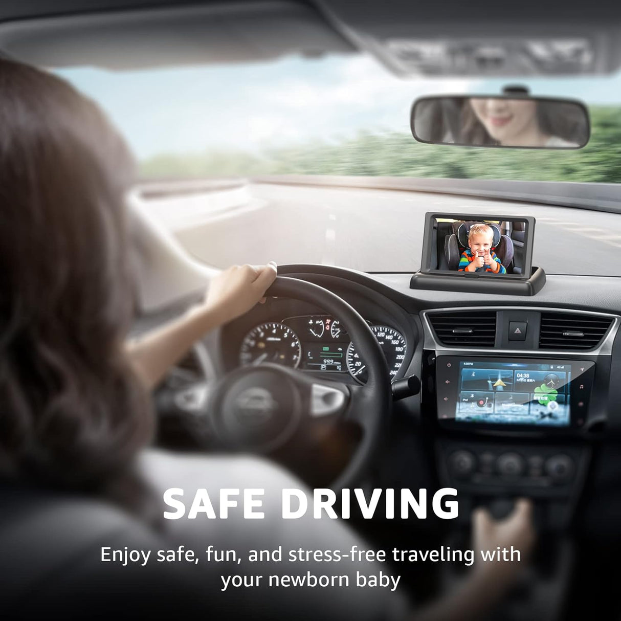 GROWNSY baby car camera displaying smiling baby in car seat, promoting safe driving with real-time HD monitoring.