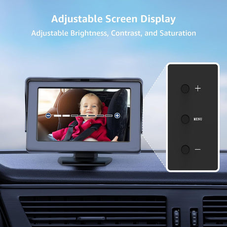 GROWNSY baby car camera display showing smiling baby, with adjustable brightness, contrast, saturation controls visible.