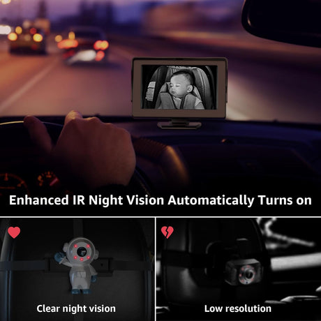 GROWNSY baby car camera showing sleeping infant at night with clear IR night vision display compared to low resolution.