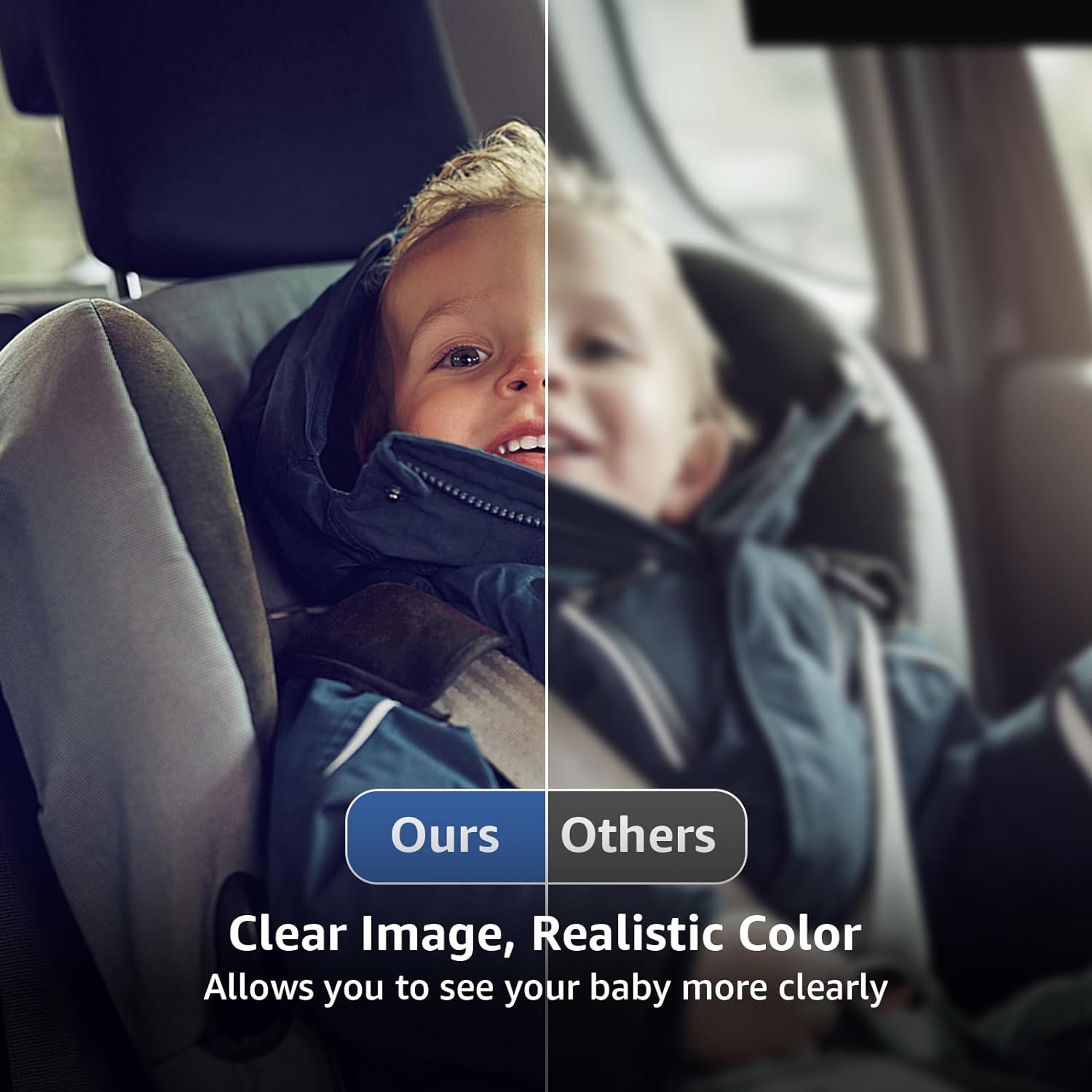 GROWNSY baby car camera comparison: clear, color-accurate view of baby ('Ours') vs. blurred competitor view ('Others').