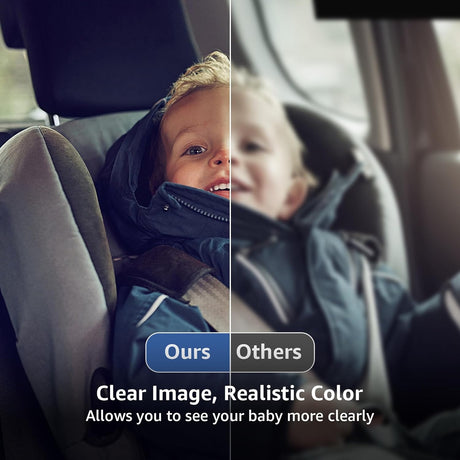 GROWNSY baby car camera comparison: clear, color-accurate view of baby ('Ours') vs. blurred competitor view ('Others').