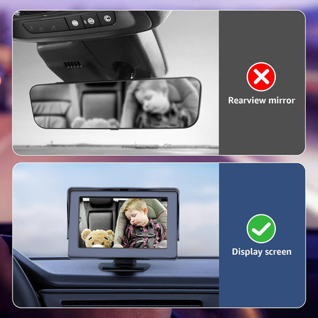 GROWNSY baby car camera vs rearview mirror: clear baby monitor display vs blurry reflection. Product comparison.