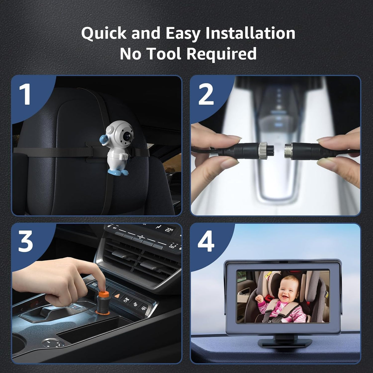 GROWNSY Baby Car Camera installation steps: attach camera, connect cables, plug in power, monitor shows baby.