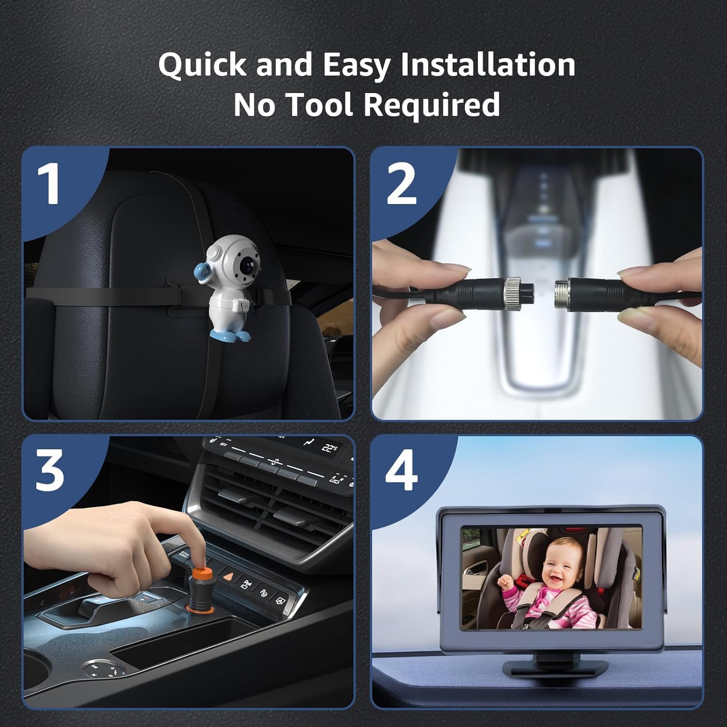 GROWNSY Baby Car Camera installation steps: attach camera, connect cables, plug in power, monitor shows baby.