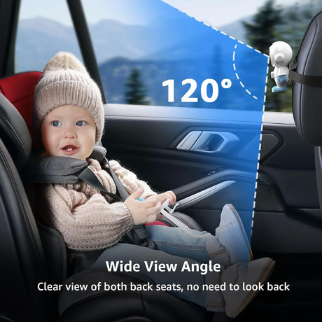 GROWNSY baby car camera shows 120° wide view angle of baby in car seat for clear backseat monitoring.