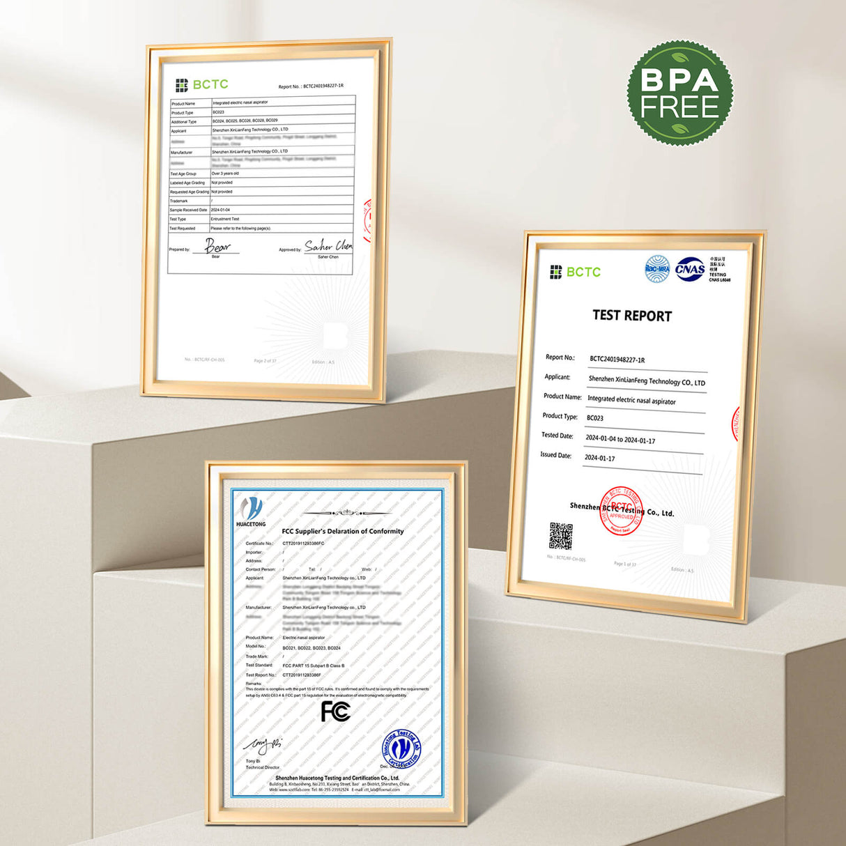 Grownsy nasal aspirator certifications: BPA Free, FCC, and BCTC test reports demonstrating product safety and compliance.