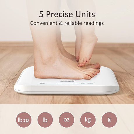 GROWNSY multifunctional scale with adult and baby feet, showing 5 precise unit options: lb:oz, lb, oz, kg, g.
