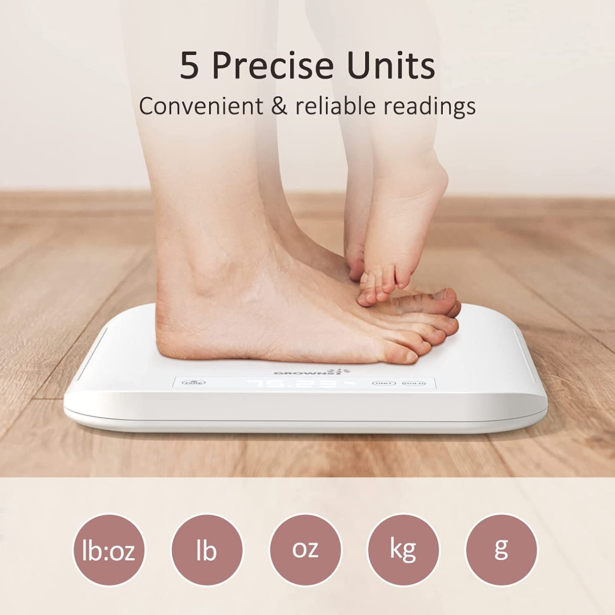 GROWNSY multifunctional scale with adult and baby feet, showing 5 precise unit options: lb:oz, lb, oz, kg, g.