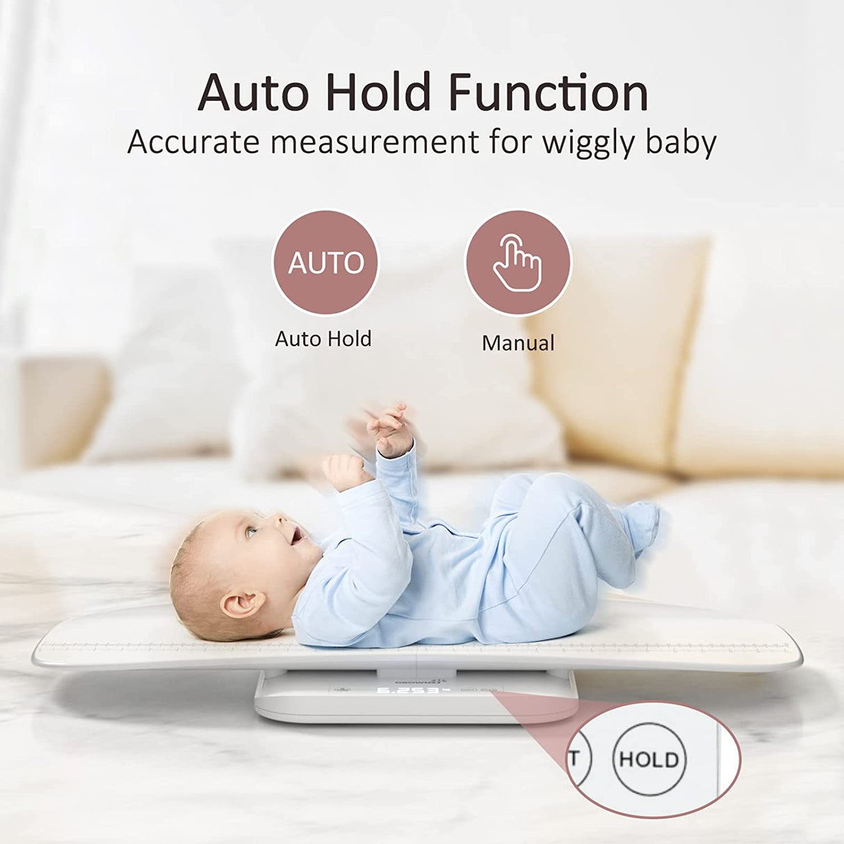 GROWNSY baby scale demonstrating auto hold function for wiggly babies, featuring a baby in a blue onesie on the scale.
