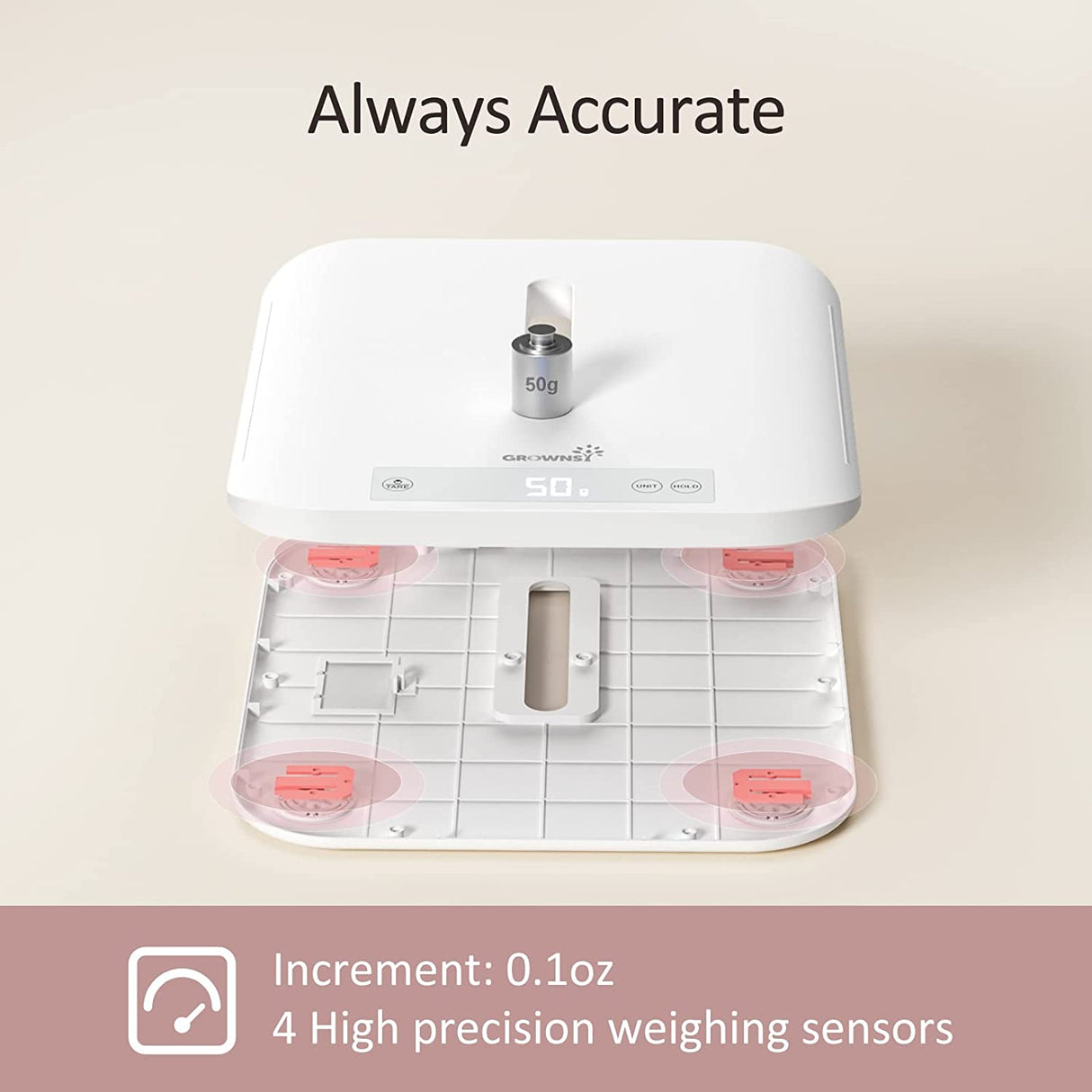 GROWNSY baby scale: "Always Accurate" with 50g weight & 4 high-precision sensors, 0.1oz increment.