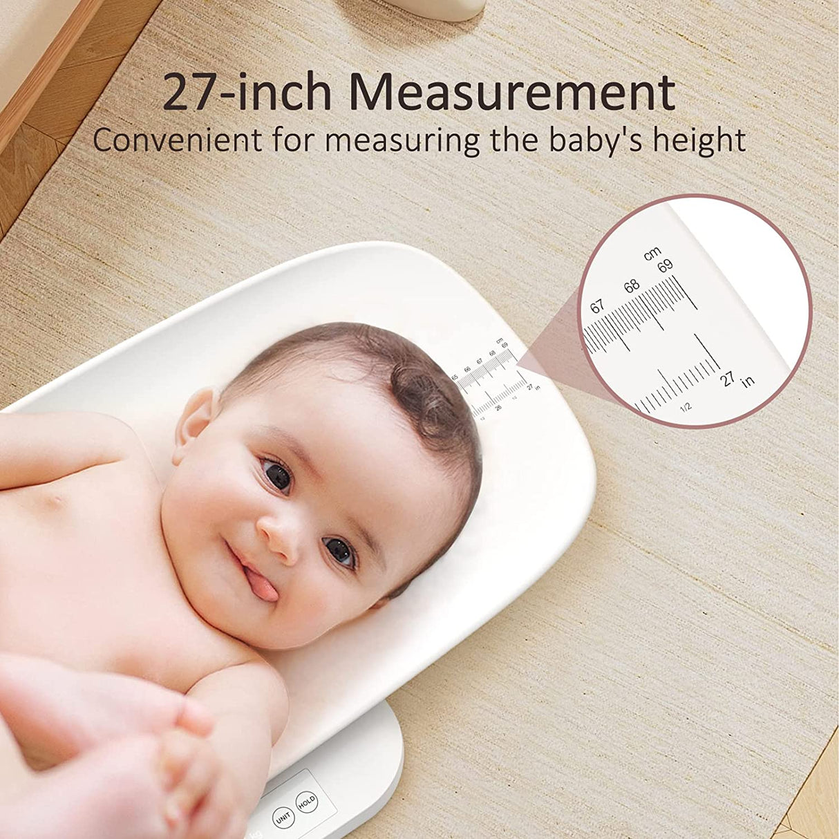 GROWNSY baby scale measuring infant height with built-in 27-inch ruler. Digital display shows measurements in cm and inches.