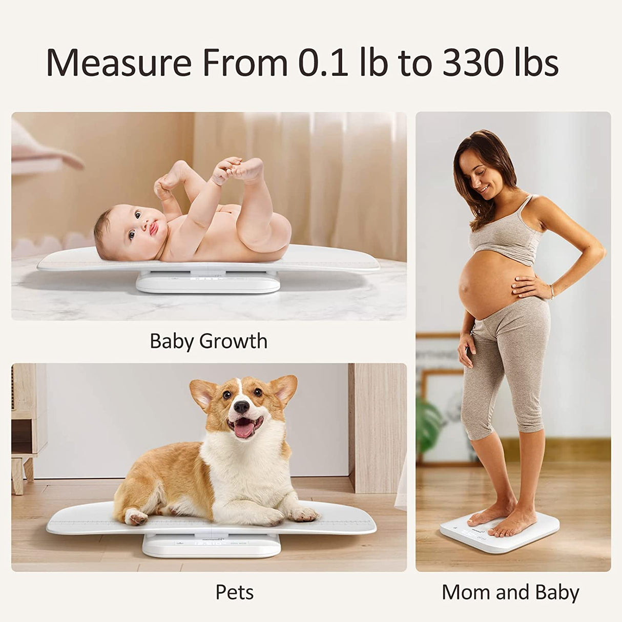 GROWNSY scale: baby for growth, corgi for pets, pregnant woman for mom. Weighs 0.1-330 lbs.
