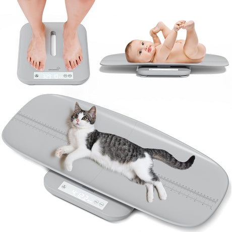 GROWNSY multifunctional scale: baby, cat, and adult feet displayed showing versatility for weighing and measuring growth.