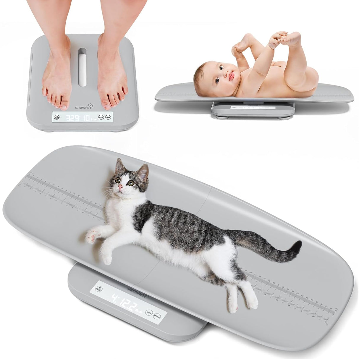 GROWNSY multifunctional scale: baby, cat, and adult feet displayed showing versatility for weighing and measuring growth.