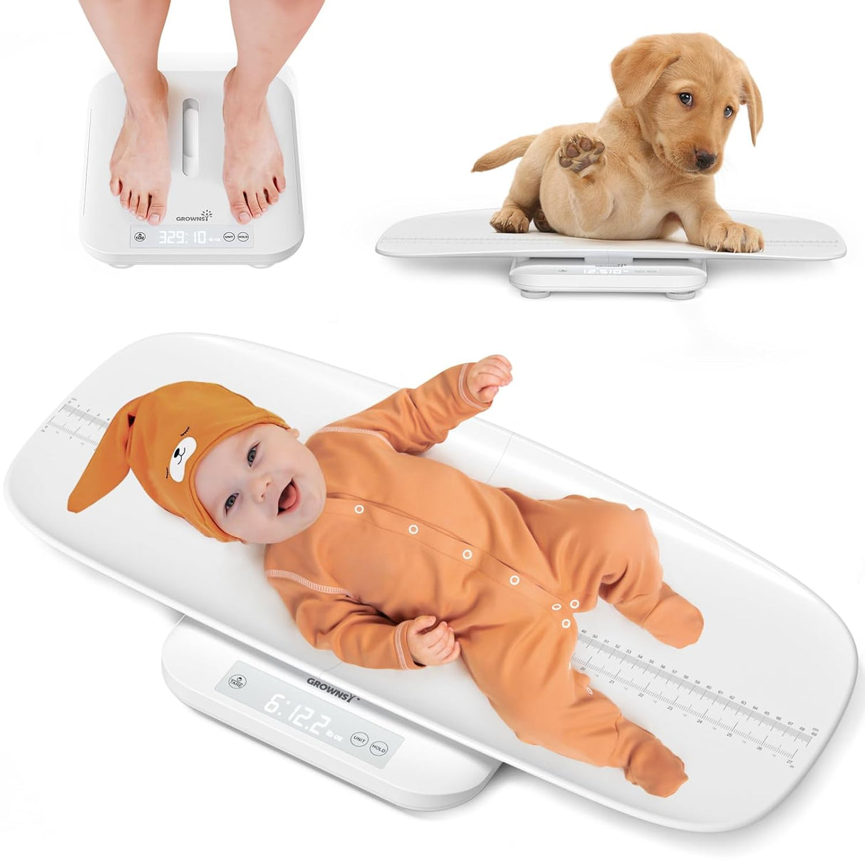GROWNSY multifunctional baby scale for weighing baby, puppy, and adult, featuring height ruler.