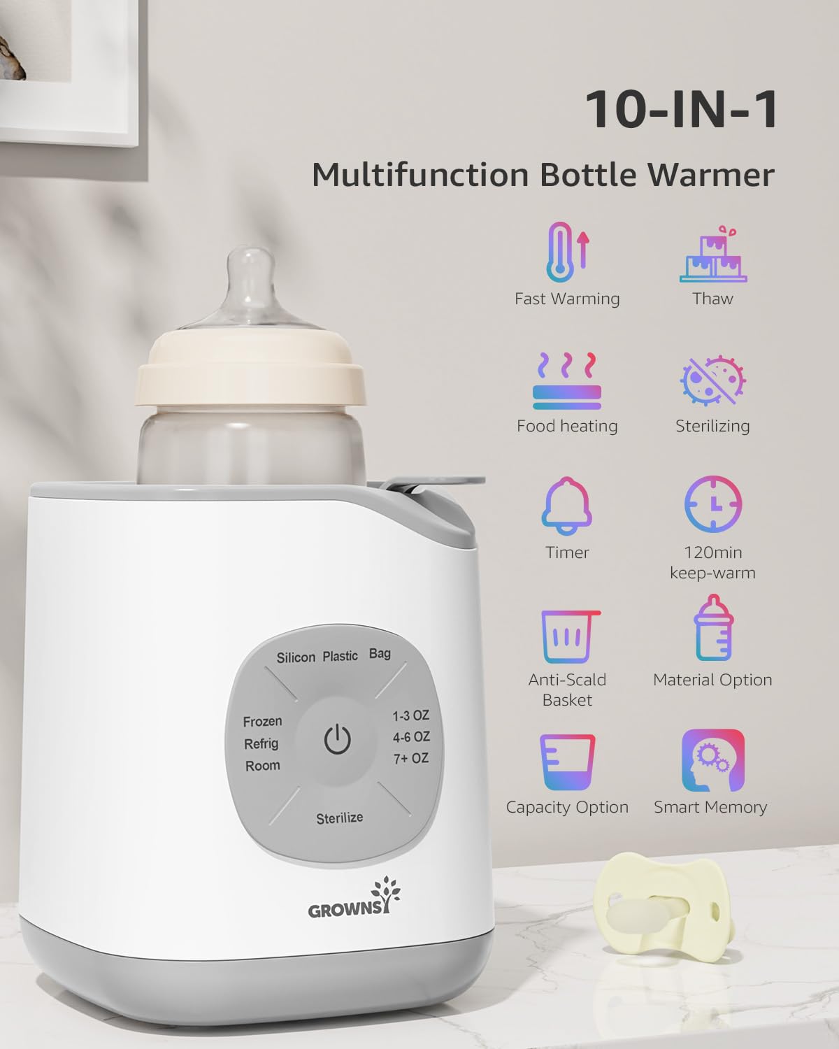 GROWNSY 10-in-1 baby bottle warmer, white/gray. Features fast warm, sterilize, thaw, food heat, timer, smart memory.