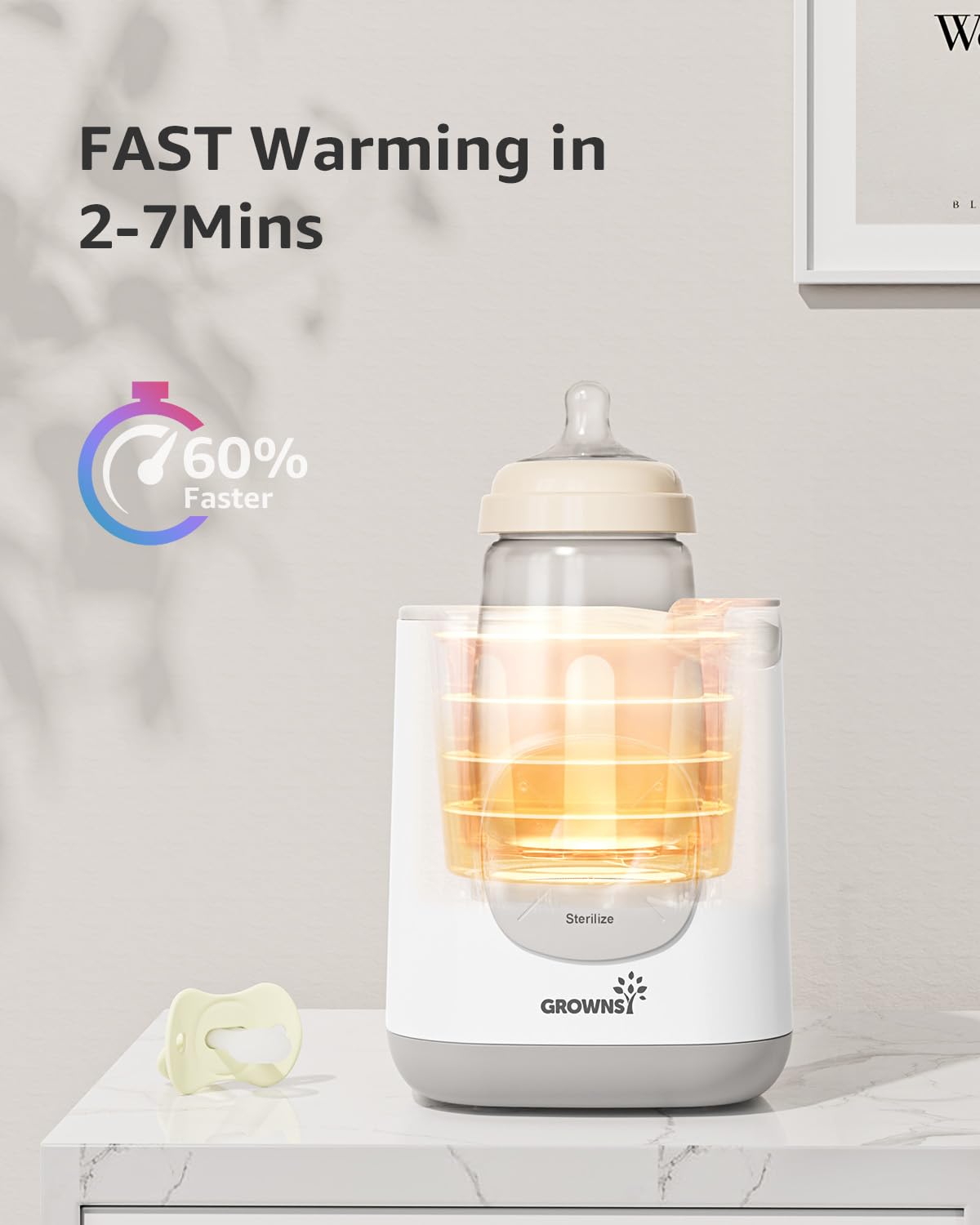 GROWNSY 10-in-1 baby bottle warmer, white & gray, highlighting 60% faster warming in 2-7 minutes on product page.